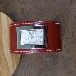 Vintage Carriage Timex Red Genuine Leather Wide Band Stainless Steel Watch